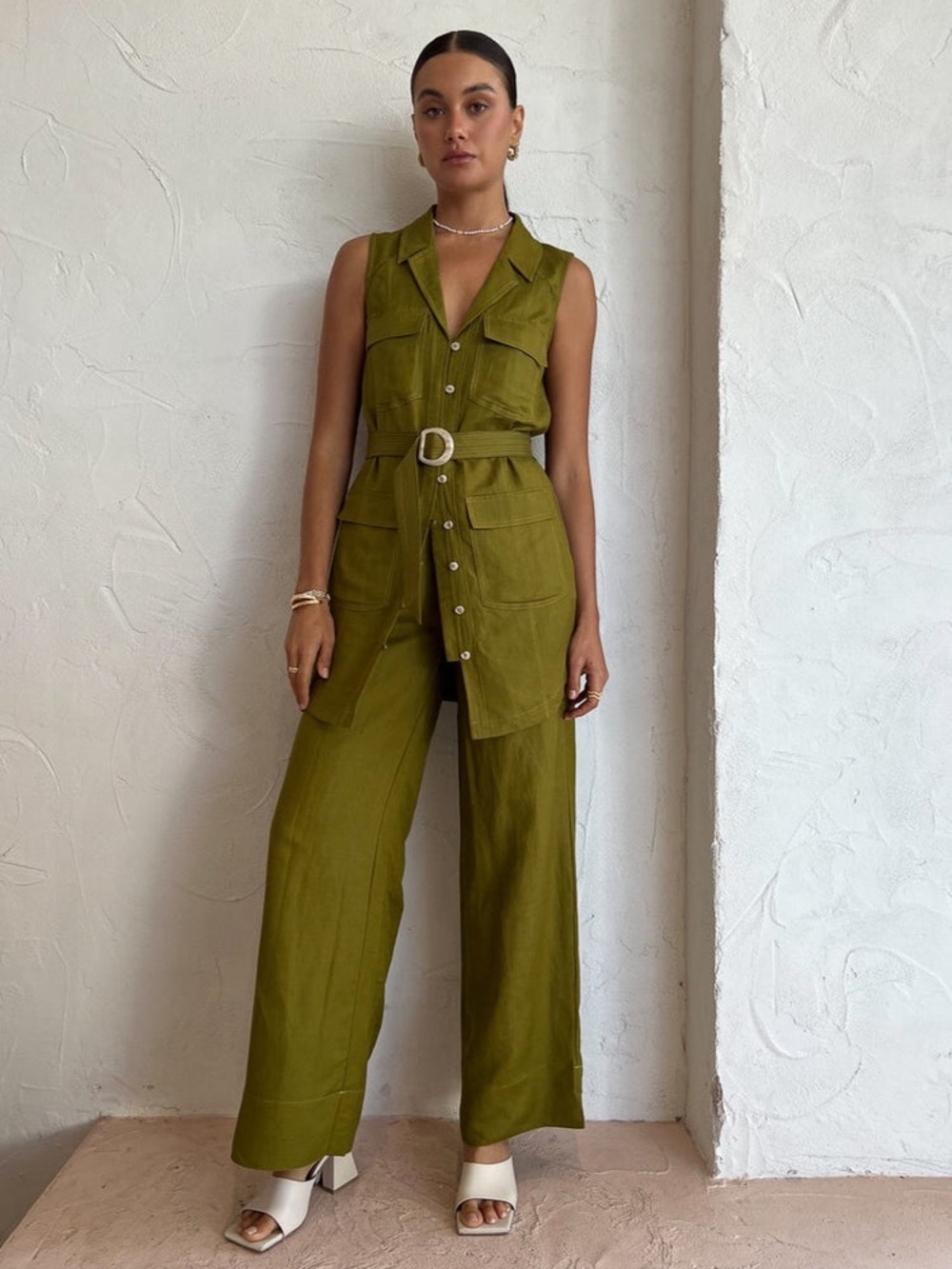 Mon RENN Sleeveless linen kinetic mini dress TUNIC in Olive Green